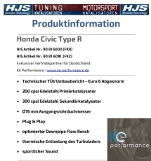 Ke-P / HJS Tuning legale Downpipe Honda Civic Type R FK2 90816010 eintragbar 76mm