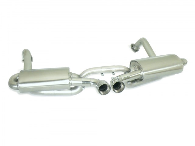 Porsche Cayman(987) Kat-Ersatzrohre Gruppe N inox links/rechts + Endschalldämpfer inox rechts/links mit zentralem ER 2x90 mm rund Sport Line    , für S 3.4i (217kW) 2006>>2008