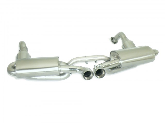 Porsche Cayman(987) Metallkats 200cpsi N Gruppe links/rechts + Endschalldämpfer inox rechts/links mit zentralem ER 2x90 mm rund Sport Line    , für 2.7i (180kW) 2006>>2008